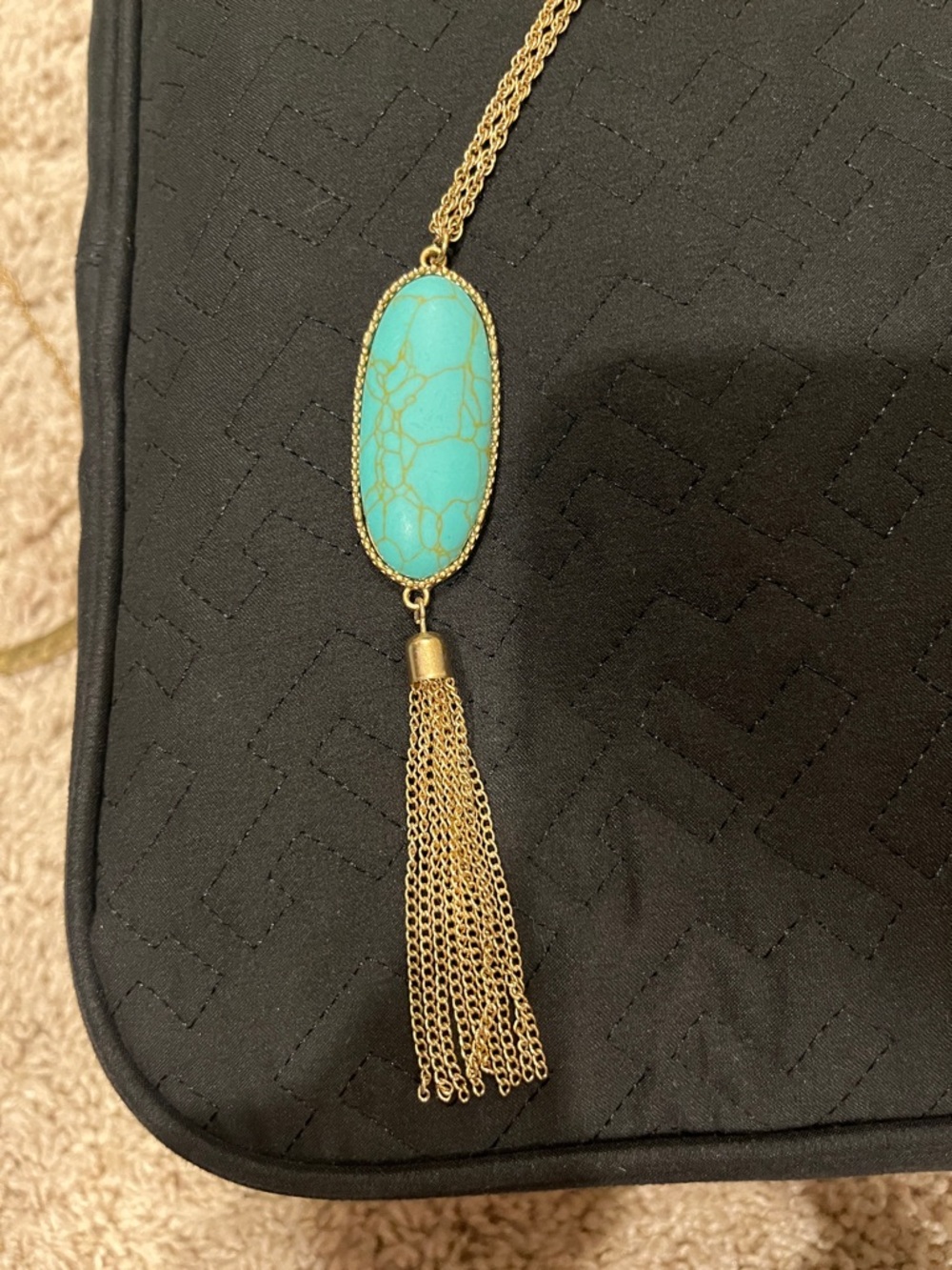 Gold Long Necklace with Turquoise Oval Pendant - Picture 3 of 4